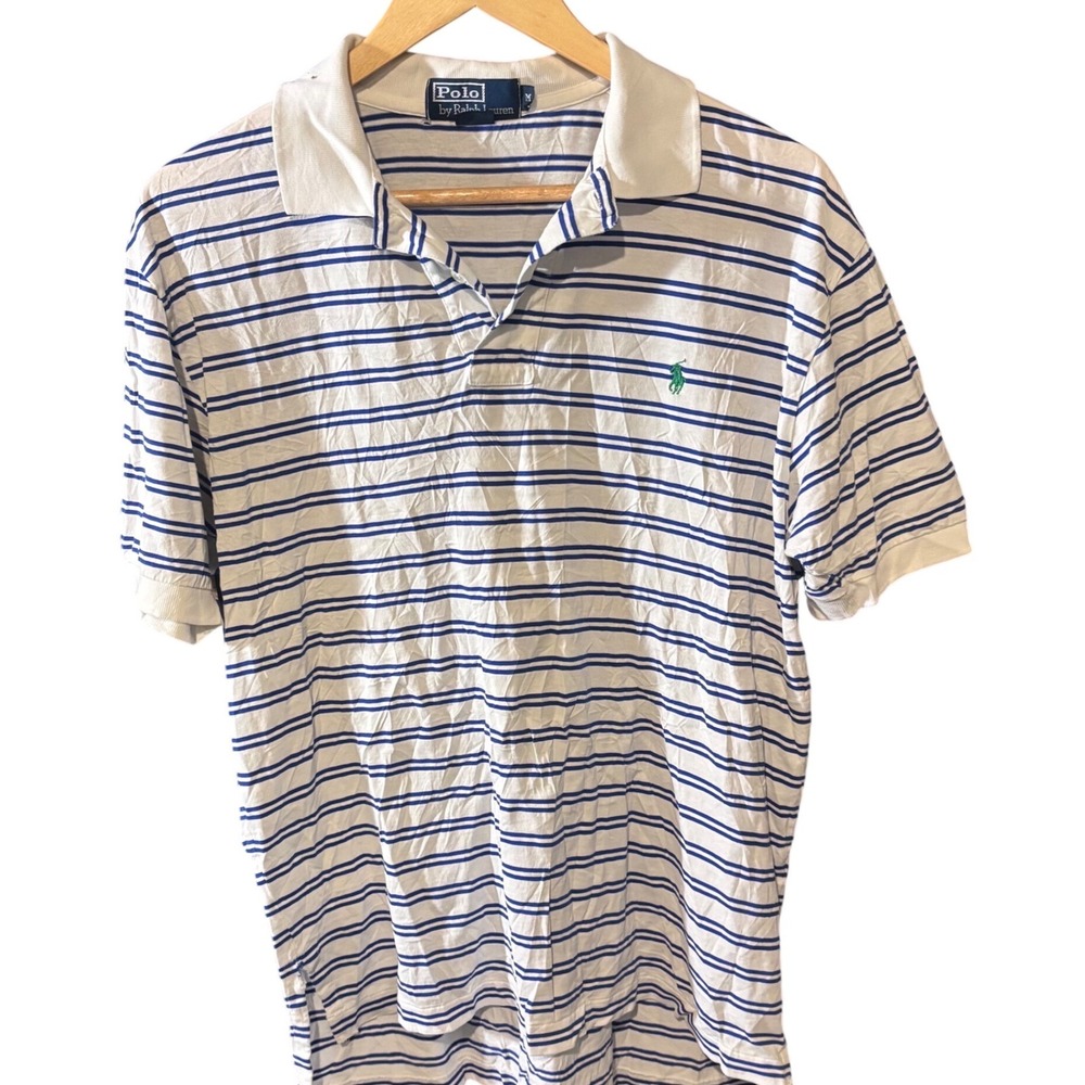 Vintage 90s Polo Ralph Lauren Striped Polo Shirt Medium Blue White Thin USA